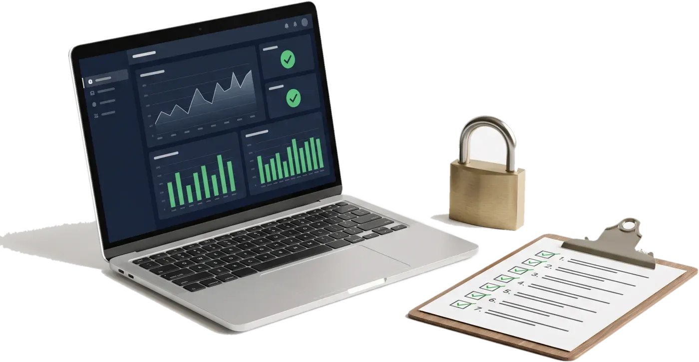 Laptop mit Monitoring-Dashboard, Vorhängeschloss und abgehakte Checkliste