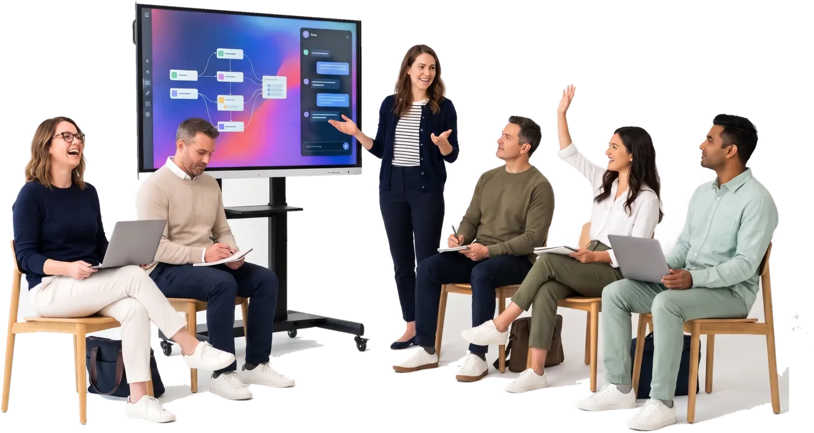 Trainerin an einem Touch-Display, der Gruppe zugewandt